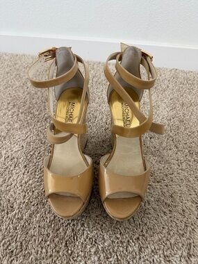 Michael Kors Nude Patent Leather Crisscross Wedge Sandals